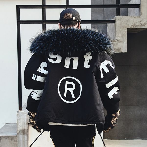 

мужчины зима толстый меховой воротник с капюшоном парки куртка мужская уличная хип-хоп панк хлопок ватник мода пальто черный, Tan;black