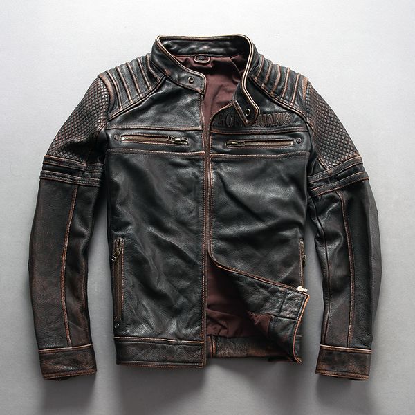 

2019 men's vintage punk motorcycle leather jacket with pattern slim fit cow leather biker jackets men stylish coat, Black