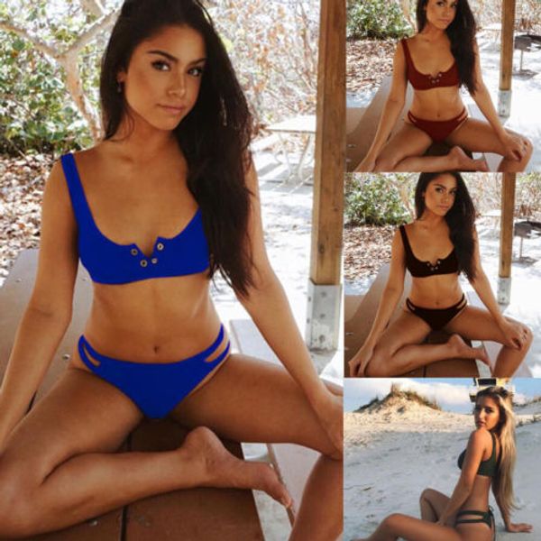 

women button beachwear solid color bikini set push up padded swimsuit bandage swimwear low waist backless bathing suit