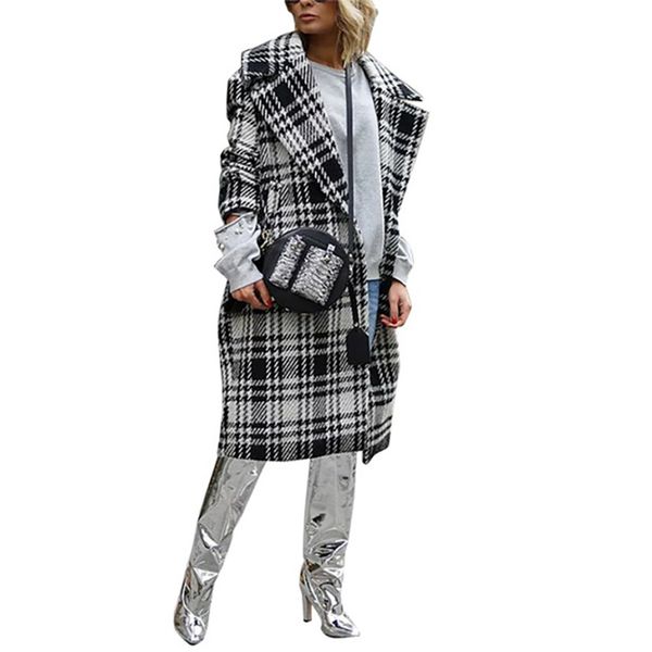 

bkmgc winter coat woman korean wool coat warm casual long outwear thicken plus size plaid windproof long poncho women, Black