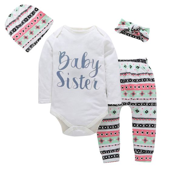 

toddler infant baby long-sleeved letter print baby sister romper+pants+hat+headband outfits clothes 4pc set boys clothes suits, White