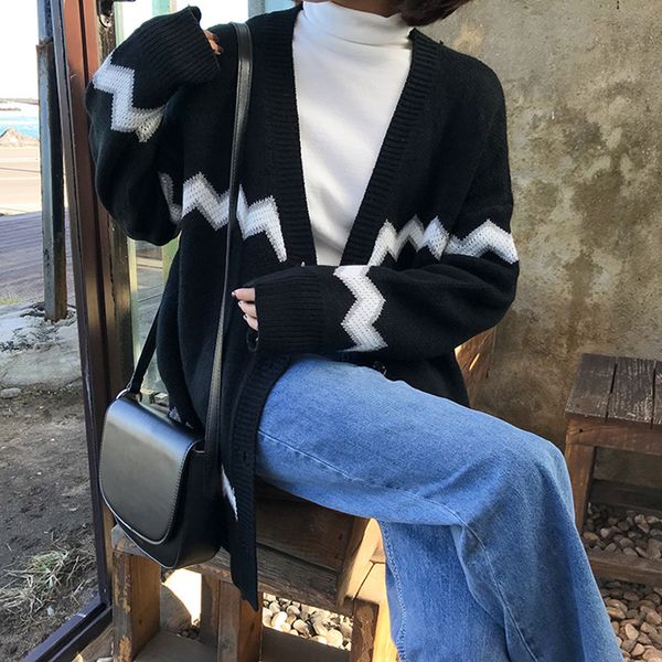 

3 colors 2018 autumn and winter vintage style loose o neck cardigans womens knitted sweaters womens (f1341, White;black
