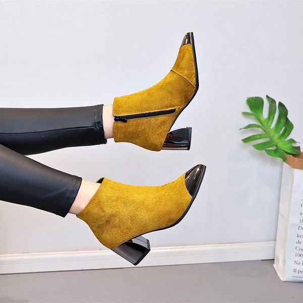 

2019 women shoes square spring autumn fleece heel black yellow red boots point toe 6cm ankle shoes female lady fashion785