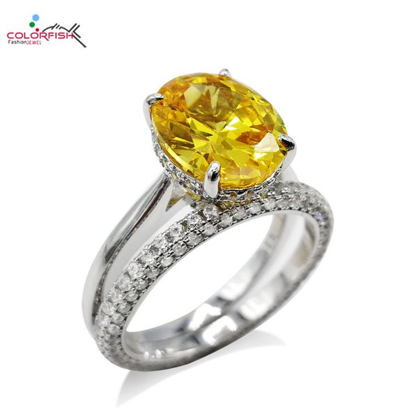 

colorfish real 925 sterling silver double women ring set classic oval cut 4 carat yellow engagement ring set wedding jewelry, Slivery;golden