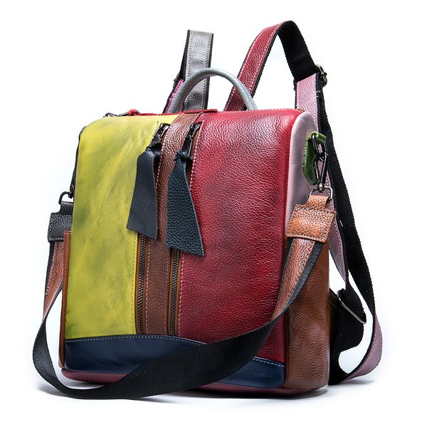 

new women backpack multi-color rucksack shoulder bag panelled travel real cowhide girls knapsack genuine leather female daypack