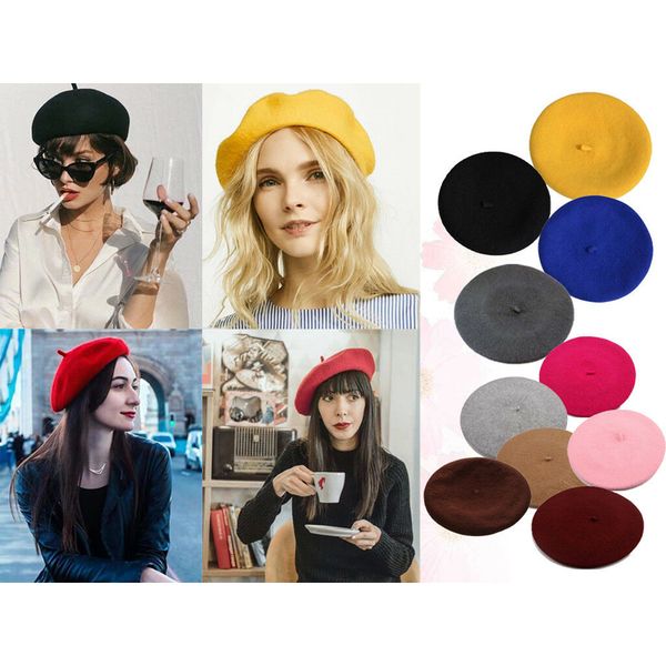 

winter warm faux wool beret women girls french artist beanie hat cap red black purple beige orange kawaii flat caps warmers, Blue;gray