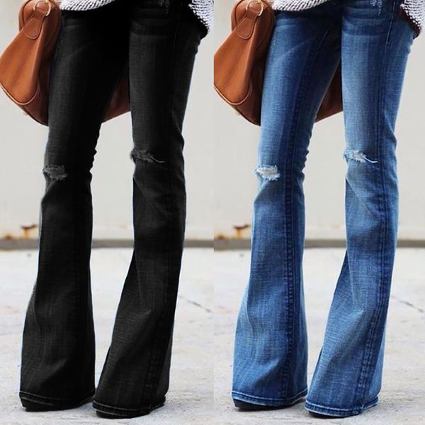 

fashion women jeans soft and comfortable denim hole female mid waist stretch slim flare pants l50/0130, Blue