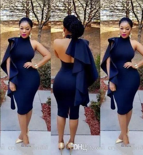 

sort mini cocktail dresses high neck navy blue ruffle backless prom dresses party dress plus size knee length homecoming gowns, Black