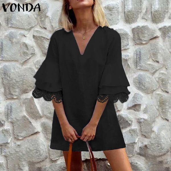 

vonda office dress women hollow half fare sleeve ruffle party mini dress female summer sundress 2020 plus size v neck vestidos, Black;gray