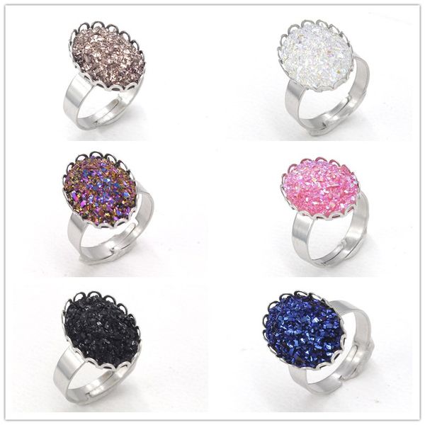

мода имитировать природный камень drusy druzy кольцо из нержавеющей стали смолы драгоценный камень корона кольцо для женщин леди ювелирные и, Silver