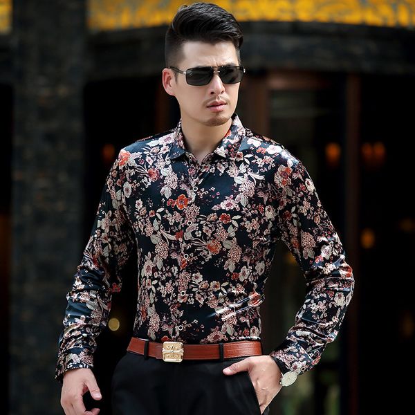 

exquisite color flower pattern print luxury long-sleeved shirt new arrival 2019 quality velvet soft comfortable men shirt -xxxl, White;black