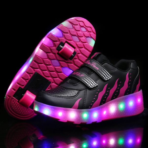 

two wheels luminous sneakers black red led light roller skate shoes for children kids led shoes boys girls shoes light up t200114