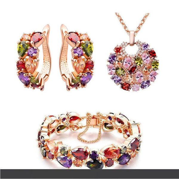 

роскошный дизайн ювелирных изделий наборы женщин monalisa цвет циркон уха кнопка ожерелье браслет красочные розовое золото не так легко увяд, Black