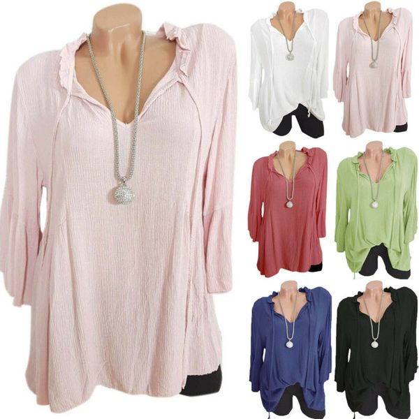 

Plus Size Women Ruffle V-Neck Bell 3/4 Sleeve Tops Tunic Baggy T Shirts Blouse