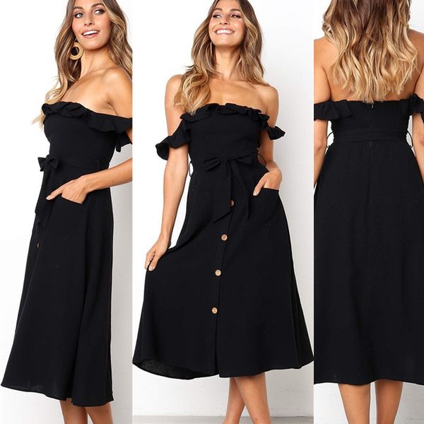 

off shoulder bra dress summer women solid vintage slash neck beach maxi dress with belt female sundress pocket button dress, White;black