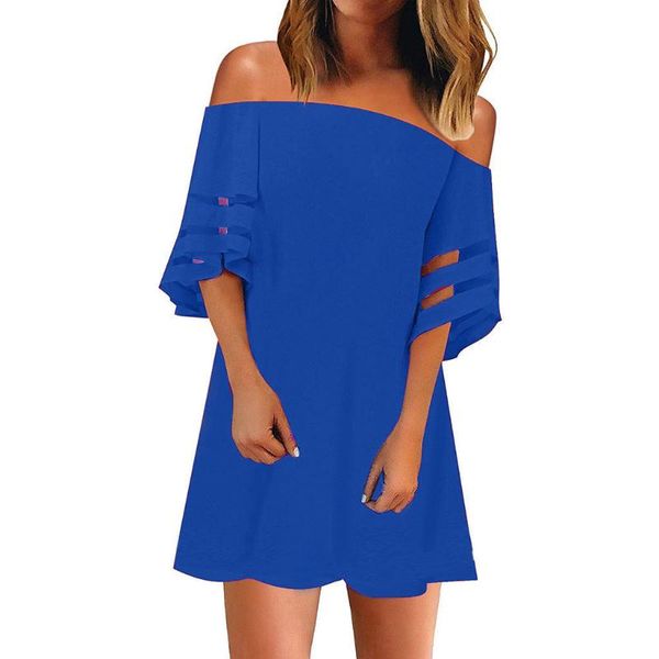 

fashionable new 2020 ladies single neck net gown dress women off shoulder mesh panel blouse 3/4 bell sleeve loose shirt dress, Black;gray