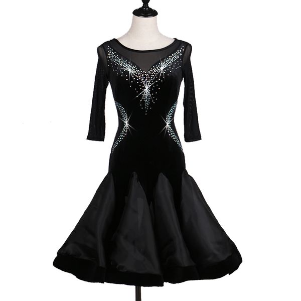 

Latin Dance Performance Clothing Women Shiny Rhinestones Professional Latin Big Swing Skirt Middle Sleeve Dance Dress, Black;red