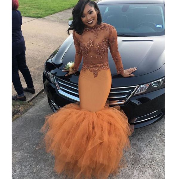 

2019 sheer neck mermaid prom dress with lace sequins ruffled long sleeve evening dress girls formal party dress, Black