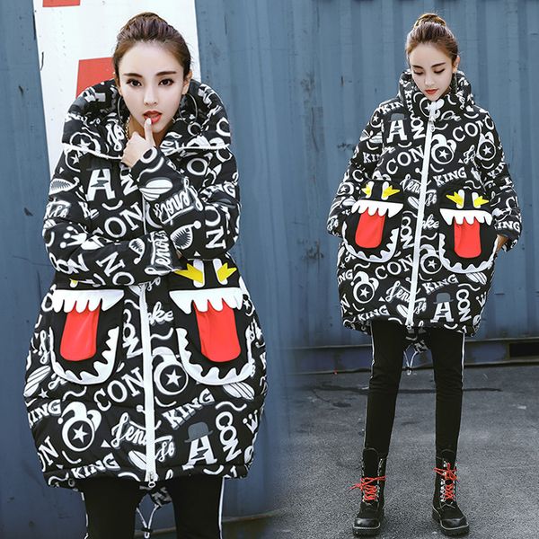 

fashion print cotton-padded jacket parkas 2019 new female coat down jacket winter coat parka cold-proof coats and jackets women, Tan;black
