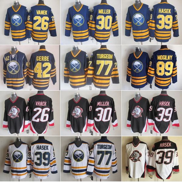 

men 30 ryan miller buffalo jersey sabres 26 thoma vanek 77 pierre turgeon 39 dominic hasek 42 nathan gerbe 89 mogilny blue white ice hockey, Black;red