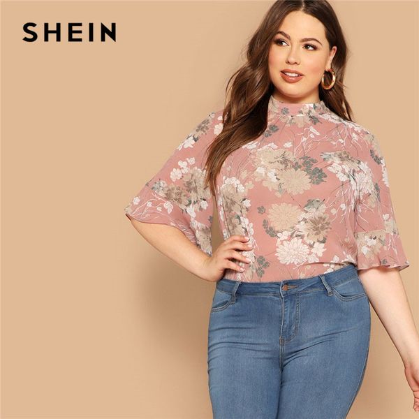 

shein pink mock-neck curved hem floral print half sleeve plus size women summer elegant keyhole back flounce sleeve blouses, White