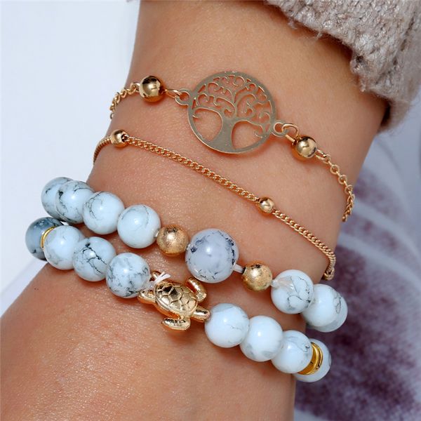 

wngmngl 4pcs/set round shape marb beads bracelet lady nature ceramic stone charm women bangles fashion christmas gift, Black