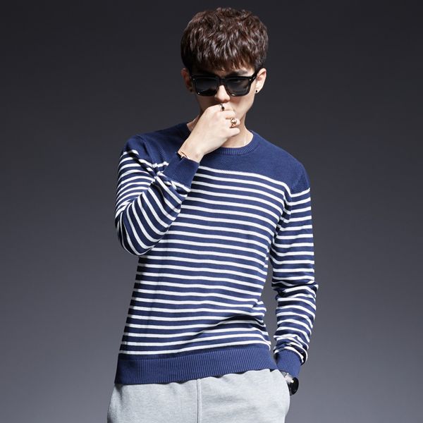 

2018 men's sweater pullover jacket long sleeve standard thick stripe o neck sweater men's autumn thin knit top, White;black