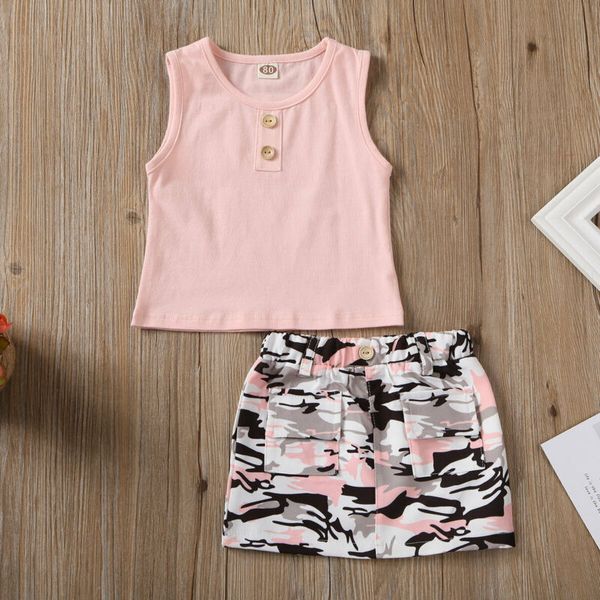 

2pcs toddler baby girls summer clothes set vest+camo mini skirt outfits uk, White