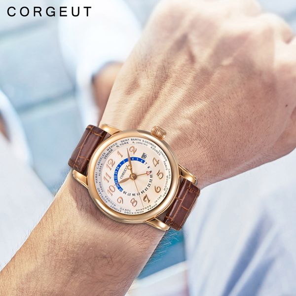 

corgeut 43mm mechanical watch fashion leather dual time zone gmt automatic men watch leather mechanical wrist, Slivery;brown