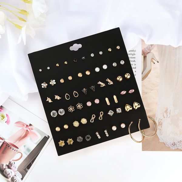 

30 pair multiple ear studs earrings set assorted crystal rhinestone women piercing earrings, Golden;silver