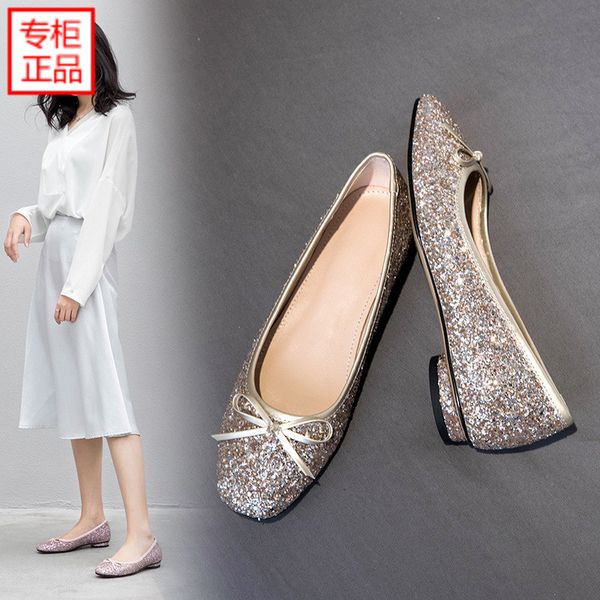 

2019 spring new style fashion pink gold sequin fairy shoes flat chunky-heel bowknot shoes female shallow mouth single, Black
