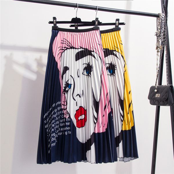 

2019 new-coming autumn european printing face cartoon pattern high elasticity pleated high street long women skirts, Black