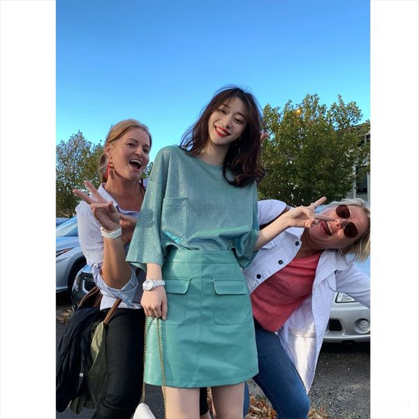

women's 2019-season loose medium t-shirt and long style flashing clothes missing t-shirt women's fashion, White