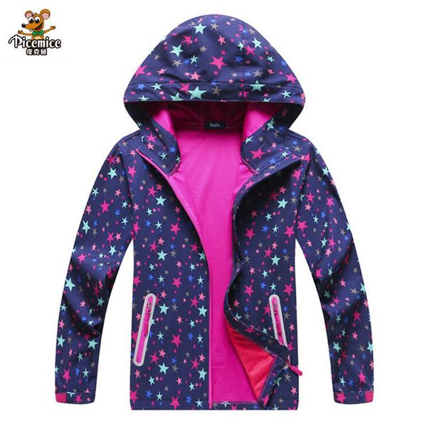 

soft-shell waterproof girls jacket printing autumn spring coat hiking camping windbreakers windproof jackets kids sport outwear, Blue;gray