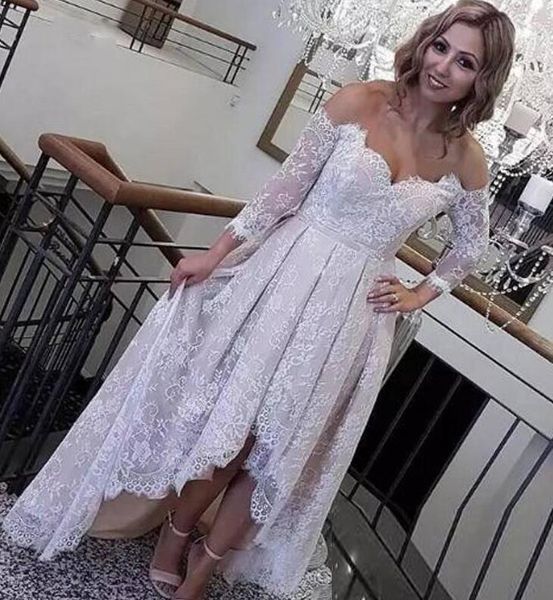 

vintange lace a line short wedding dresses 2020 off the shoulder 3/4 long sleeves bridal gowns low back beach bridal dress, White
