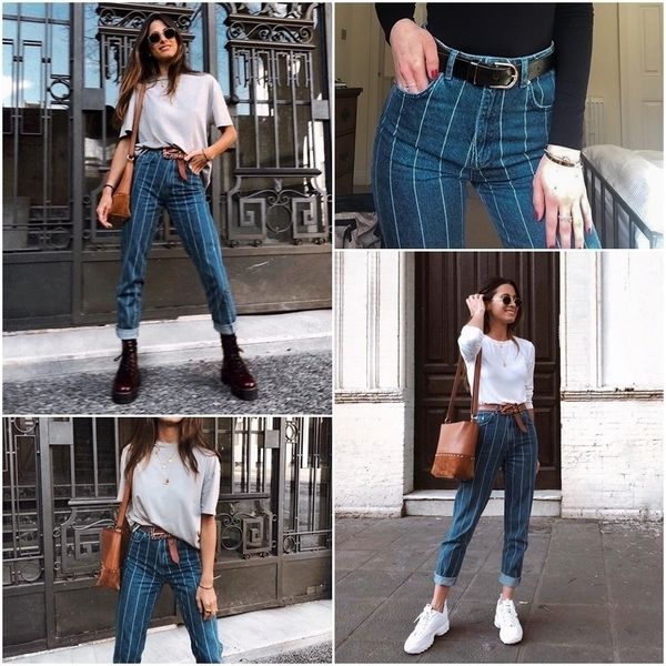 

women jeans women pants stripe denim mid women zipper pants fashion pocket blue jeans casual streetwaer skinny slim autumn trousers