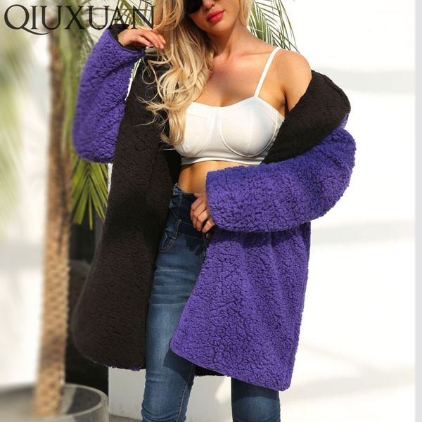 

qiuxuan new fake fur coat europe plus size winter fashion long sleeve plush hooded coats thicken wear on both sides outwear, Black