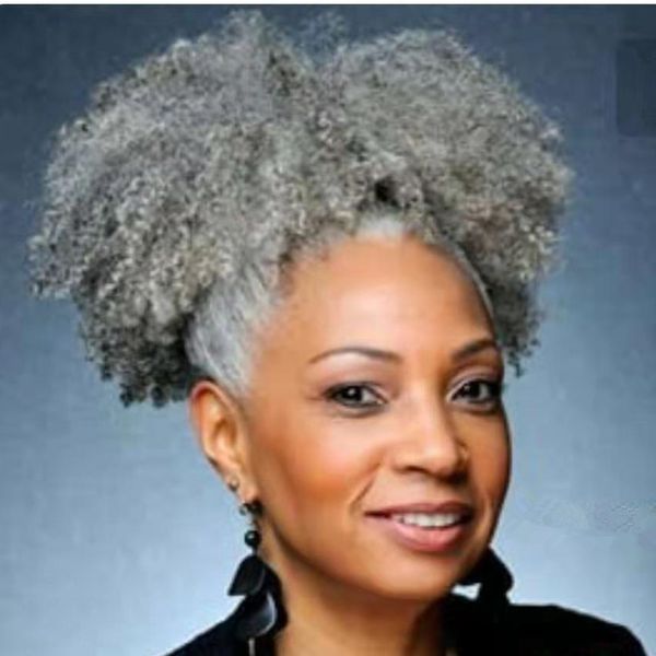 Gray Afro Puff Drawstring Ponytail Kinky Curly Afro Clip On Updo