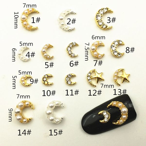 

10pcs/lot japan gold silver moon star with rhinestone pearl metal alloy nail art decorations ptherapy diy for manicure, Silver;gold