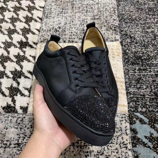 

perfect designer black silk with strass red bottom sneakers shoes dress party famous brand rhinestone casual walking with original box