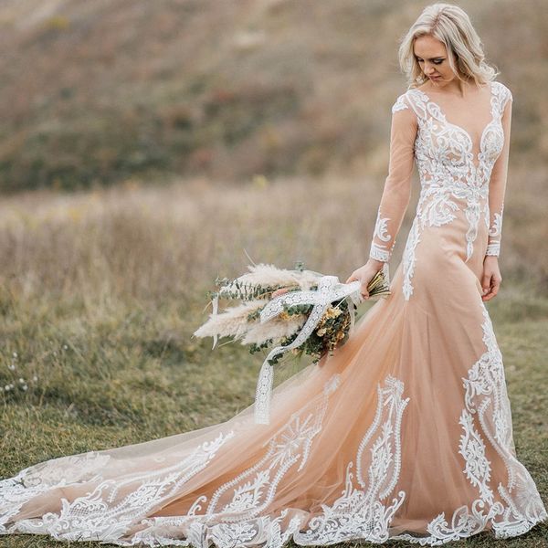Boho Wedding Dresses With Nude Underlay Champagne Nude Tulle Bridal