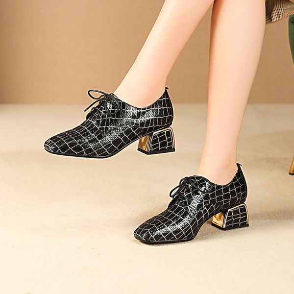 

ankle boots for women fashion casual square toe square heels lace up leather shoes ladies grid leather boots femme hiver 2020, Black