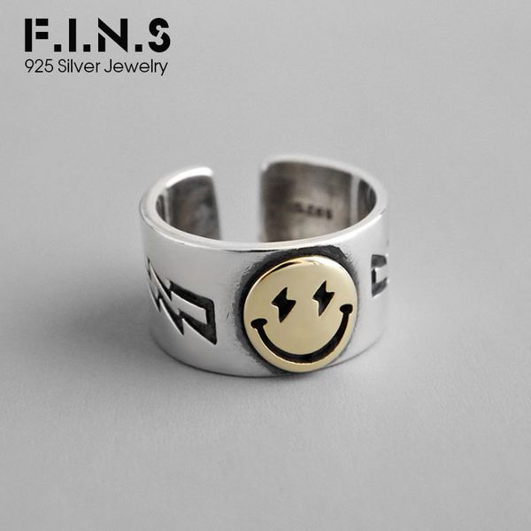 

f.i.n.s chic exquisite s925 sterling silver ring ins wide smile face ring personality korean fashion open cuff silver 925, Golden;silver