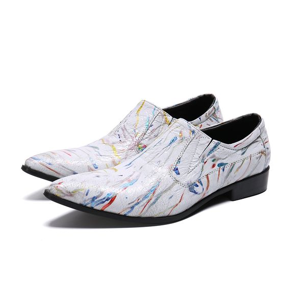 

fashion shoes men genuine leather white printed leather dress oxford shoes pointed toe slip on, Black