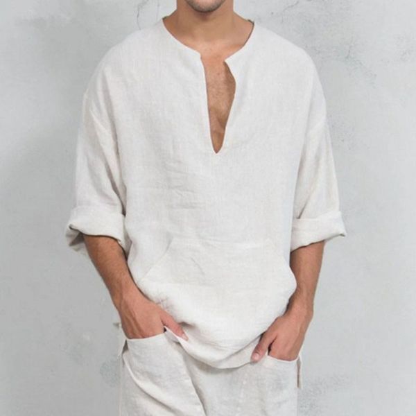 

autumn new male loose linen shirts male solid color oversized cotton linen v-neck shirts casual shirt -3xl n5253, White;black