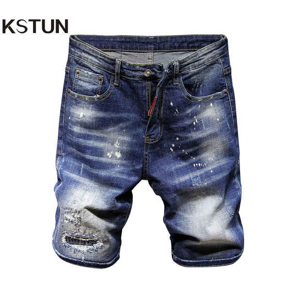 

mens ripped short jeans brand clothing summer shorts slim leisure breathable tearing painted denim shorts male jogger large size, Blue