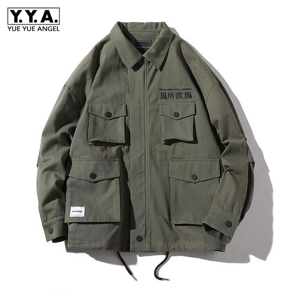 

autumn new embroidered multi-pockets jacket men high street casual army green work jacket loose fit long sleeve outwear m-2xl, Black;brown