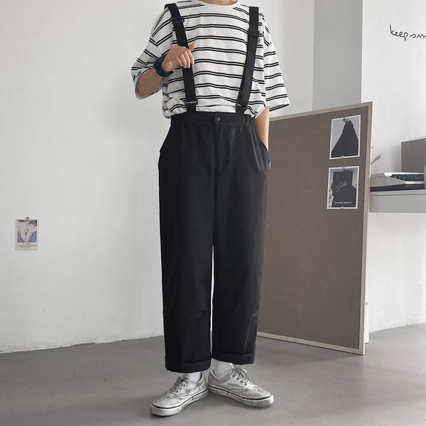 

men's pants 2021 spring and summer youth solid color loose suspenders fashion casual wild straight black