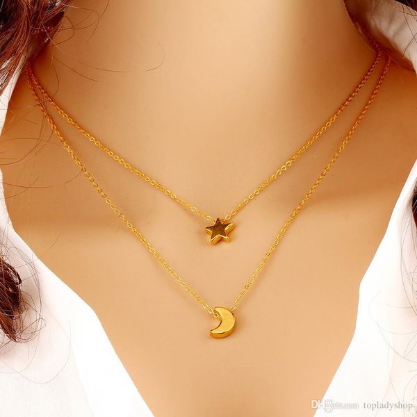 

european and american multi - chain necklace big temperament five pointed star moon clavicle, Silver