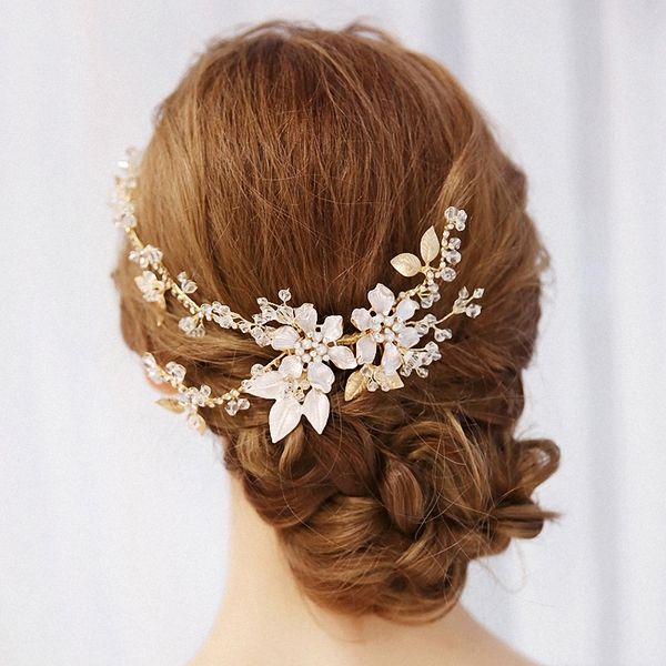 

fashion korean hair comb gold color plant design headdress rhinestone beaded side combs for wedding bridal headwear ornaments, Golden;white